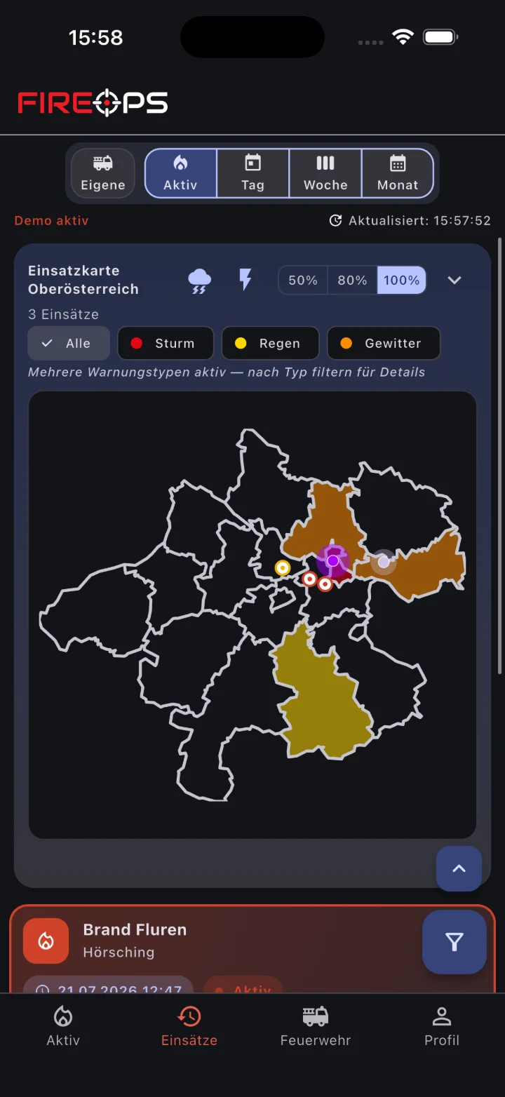 FireOPS Mobile: Einsatzkarte Oberösterreich mit laufenden Einsätzen und Unwetterwarnungen