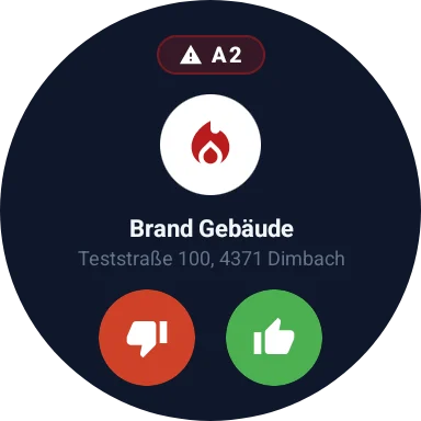 FireOPS auf der Uhr: Alarm Brand Gebäude mit Komme und Komme nicht